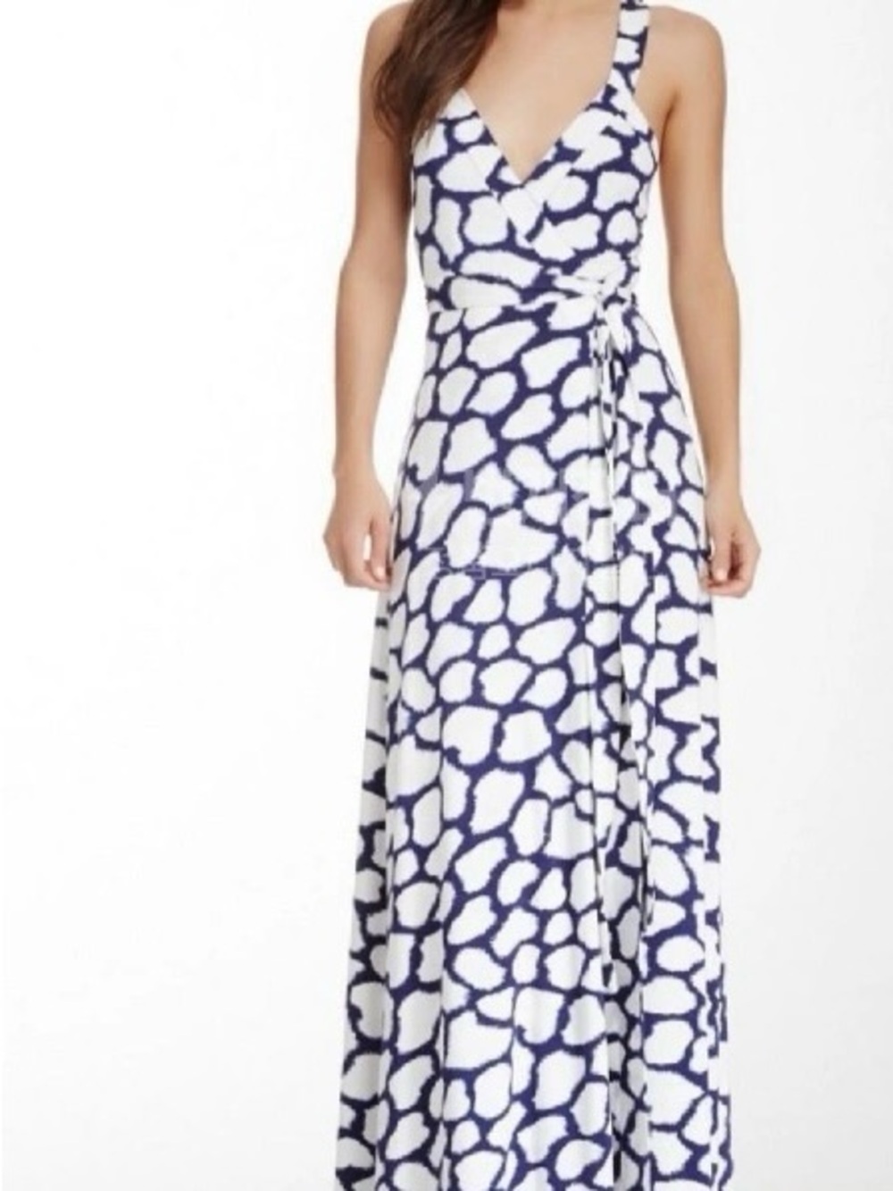 Diane Von Furstenberg Navy and White Printed Wrap Maxi Dress